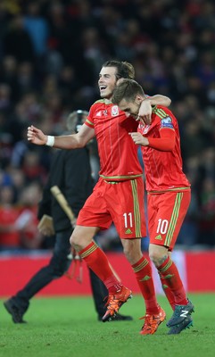 131015 - Wales v Andorra, UEFA European Championship Qualifier - Gareth Bale and Aaron Ramsey of Wales celebrate at the end of the match