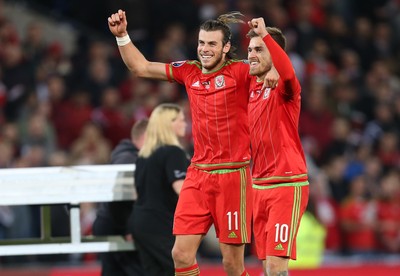 131015 - Wales v Andorra, UEFA European Championship Qualifier - Gareth Bale and Aaron Ramsey of Wales celebrate at the end of the match