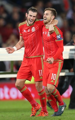 131015 - Wales v Andorra, UEFA European Championship Qualifier - Gareth Bale and Aaron Ramsey of Wales celebrate at the end of the match