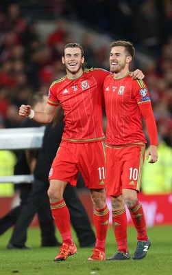 131015 - Wales v Andorra, UEFA European Championship Qualifier - Gareth Bale and Aaron Ramsey of Wales celebrate at the end of the match