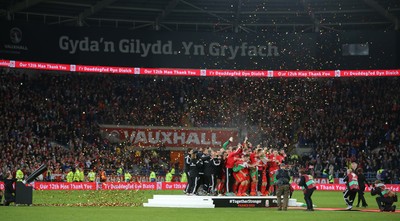 131015 - Wales v Andorra, UEFA European Championship Qualifier - Wales players and staff celebrate at the end of the match