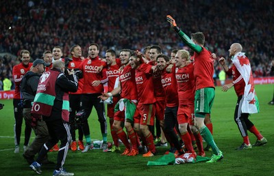 131015 - Wales v Andorra, UEFA European Championship Qualifier - Wales players and staff celebrate at the end of the match