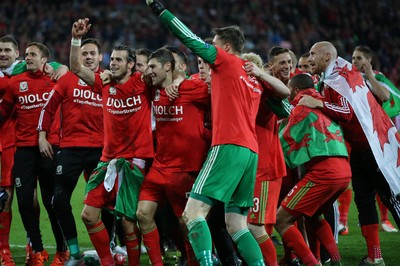 131015 - Wales v Andorra, UEFA European Championship Qualifier - Wales players and staff celebrate at the end of the match