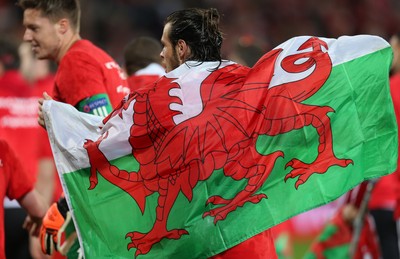 131015 - Wales v Andorra, UEFA European Championship Qualifier - Gareth Bale leads the celebrations at the end of the match