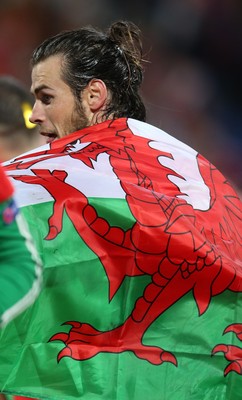 131015 - Wales v Andorra, UEFA European Championship Qualifier - Gareth Bale leads the celebrations at the end of the match