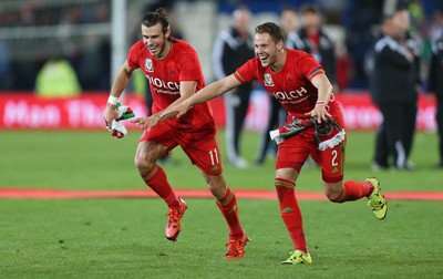 131015 - Wales v Andorra, UEFA European Championship Qualifier - Gareth Bale of Wales and Chris Gunter of Wales celebrate at the end of the match