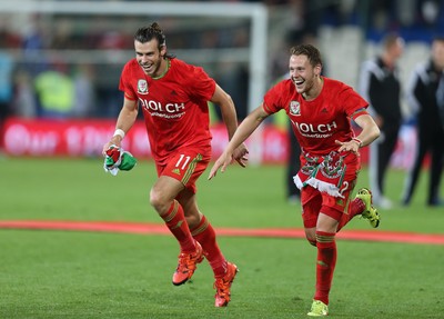 131015 - Wales v Andorra, UEFA European Championship Qualifier - Gareth Bale of Wales and Chris Gunter of Wales celebrate at the end of the match