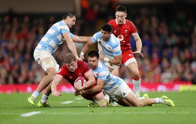 091125 - Wales v Argentina - Quilter Nations Series - Jac Morgan of Wales is tackled by Simon Cruz Benitez and Geronimo Prisciantelli of Argentina 