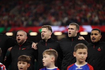 091125 - Wales v Argentina - Quilter Nations Series - Nicky Smith, Olly Cracknell, Max Llewellyn and Ben Thomas of Wales sing the anthem