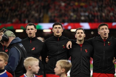 091125 - Wales v Argentina - Quilter Nations Series - Tom Rogers, Louis Rees-Zammit, Tomos Williams and Tom Rogers of Wales sing the anthem