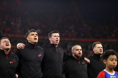 091125 - Wales v Argentina - Quilter Nations Series - Dewi Lake, Dafydd Jenkins, Adam Beard, Nicky Smith and Olly Cracknell of Wales sing the anthem