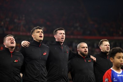 091125 - Wales v Argentina - Quilter Nations Series - Dewi Lake, Dafydd Jenkins, Adam Beard, Nicky Smith and Olly Cracknell of Wales sing the anthem