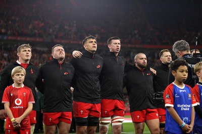 091125 - Wales v Argentina - Quilter Nations Series - Jac Morgan, Dewi Lake, Dafydd Jenkins, Adam Beard and Nicky Smith of Wales sing the anthem