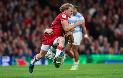 091125 - Wales v Argentina, Quilter Nations Series - Blair Murray of Wales offloads as he is tackled