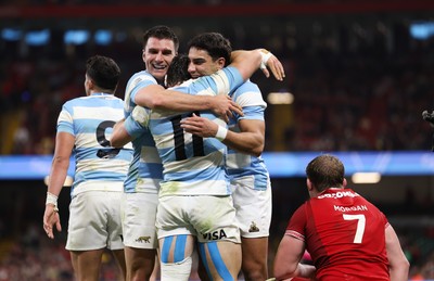 091125 - Wales v Argentina, Quilter Nations Series - Mateo Carreras of Argentina celebrates with team mates after scoring try