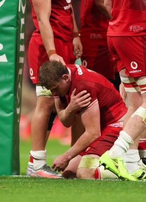 091125 - Wales v Argentina, Quilter Nations Series - Jac Morgan of Wales holds his shoulder after he powers over to score try