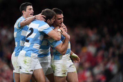 091125 - Wales v Argentina - Quilter Nations Series - Geronimo Prisciantelli of Argentina celebrates scoring a try with team mates