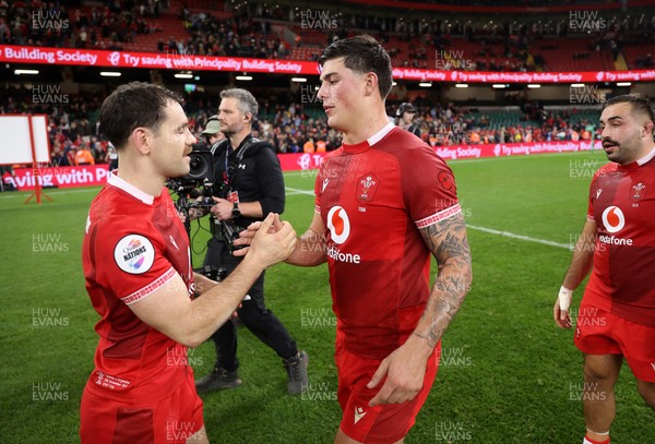 091125 - Wales v Argentina - Quilter Nations Series - Tomos Williams and Louis Rees-Zammit of Wales at full time