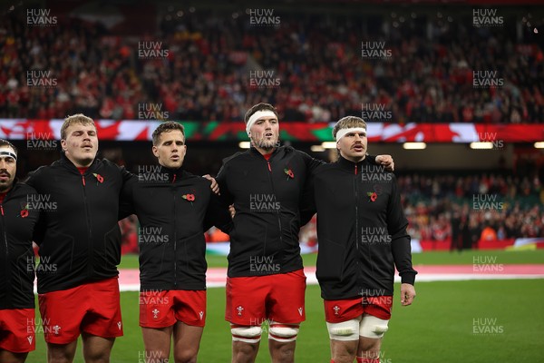 091125 - Wales v Argentina - Quilter Nations Series - Archie Griffin, Kieran Hardy, Freddie Thomas and Aaron Wainwright of Wales sing the anthem