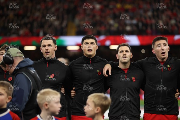 091125 - Wales v Argentina - Quilter Nations Series - Tom Rogers, Louis Rees-Zammit, Tomos Williams and Tom Rogers of Wales sing the anthem