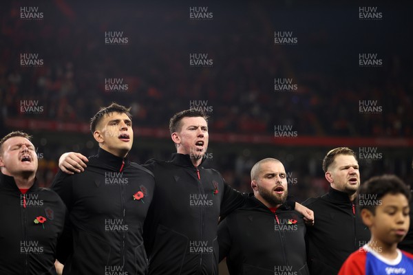 091125 - Wales v Argentina - Quilter Nations Series - Dewi Lake, Dafydd Jenkins, Adam Beard, Nicky Smith and Olly Cracknell of Wales sing the anthem