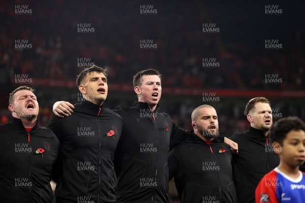 091125 - Wales v Argentina - Quilter Nations Series - Dewi Lake, Dafydd Jenkins, Adam Beard, Nicky Smith and Olly Cracknell of Wales sing the anthem