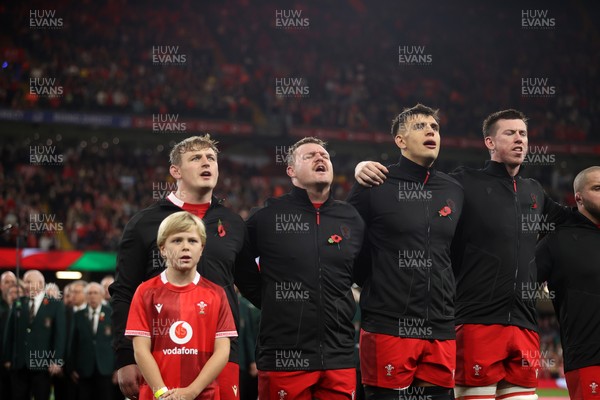 091125 - Wales v Argentina - Quilter Nations Series - Jac Morgan, Dewi Lake and Dafydd Jenkins of Wales sing the anthem