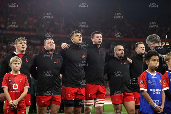 091125 - Wales v Argentina - Quilter Nations Series - Jac Morgan, Dewi Lake, Dafydd Jenkins, Adam Beard and Nicky Smith of Wales sing the anthem