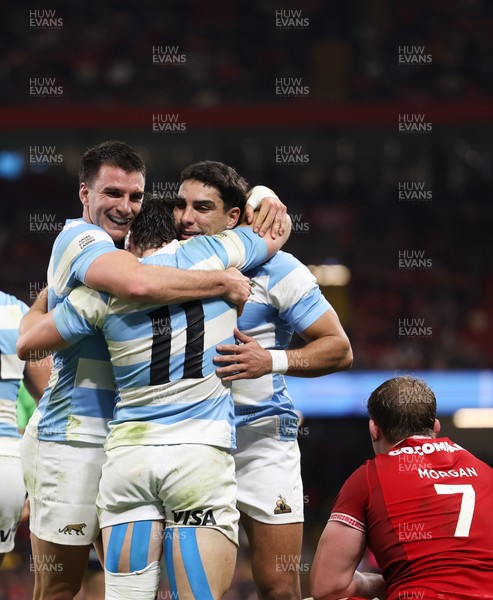 091125 - Wales v Argentina, Quilter Nations Series - Mateo Carreras of Argentina celebrates with team mates after scoring try