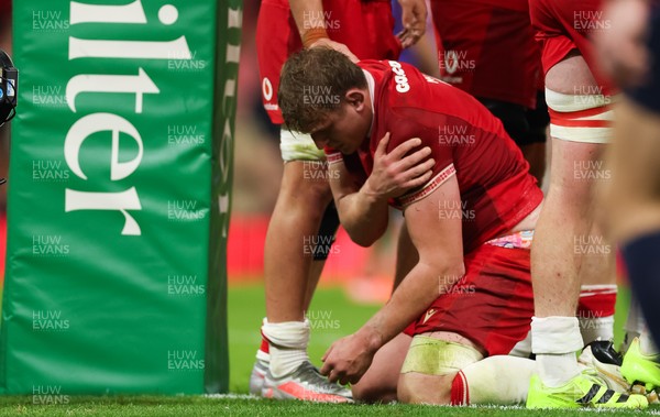 091125 - Wales v Argentina, Quilter Nations Series - Jac Morgan of Wales holds his shoulder after being injured while scoring a try