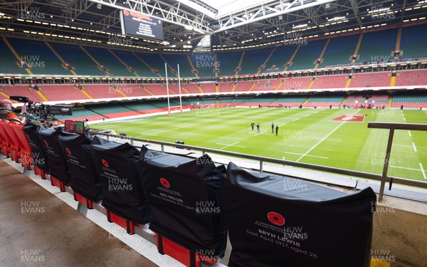 121122 - Wales v Argentina, Autumn Nations Series - Remembrance seat covers in place at the Principality Stadium
