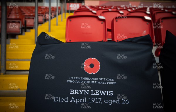 121122 - Wales v Argentina, Autumn Nations Series - A Remembrance seat cover in Remembrance of Bryn Lewis in place at the Principality Stadium
