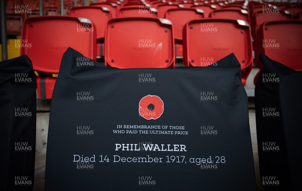 121122 - Wales v Argentina, Autumn Nations Series - A Remembrance seat cover in Remembrance of Phil Waller in place at the Principality Stadium