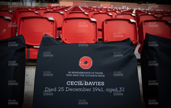 121122 - Wales v Argentina, Autumn Nations Series - A Remembrance seat cover in Remembrance of Cecil Davies in place at the Principality Stadium