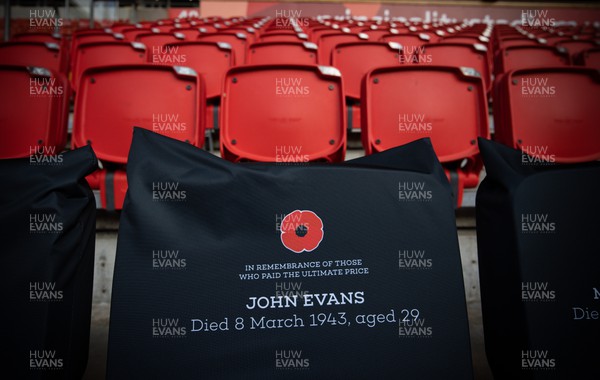 121122 - Wales v Argentina, Autumn Nations Series - A Remembrance seat cover in Remembrance of John Evans in place at the Principality Stadium