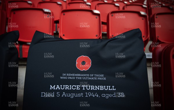 121122 - Wales v Argentina, Autumn Nations Series - A Remembrance seat cover in Remembrance of Maurice Turnbull in place at the Principality Stadium