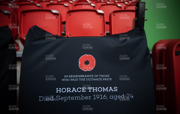 121122 - Wales v Argentina, Autumn Nations Series - A Remembrance seat cover in Remembrance of Horace Thomas in place at the Principality Stadium
