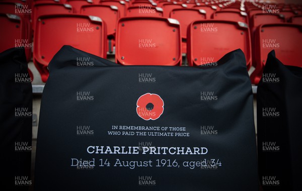 121122 - Wales v Argentina, Autumn Nations Series - A Remembrance seat cover in Remembrance of Charlie Pritchard in place at the Principality Stadium