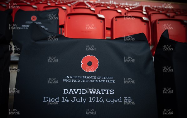 121122 - Wales v Argentina, Autumn Nations Series - A Remembrance seat cover in Remembrance of David Watts in place at the Principality Stadium