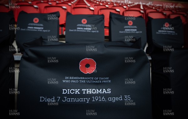 121122 - Wales v Argentina, Autumn Nations Series - A Remembrance seat cover in Remembrance of Dick Thomas in place at the Principality Stadium