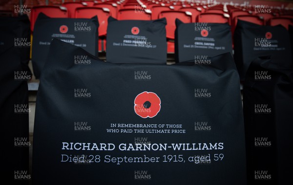 121122 - Wales v Argentina, Autumn Nations Series - A Remembrance seat cover in Remembrance of Richard Garnon-Williams in place at the Principality Stadium