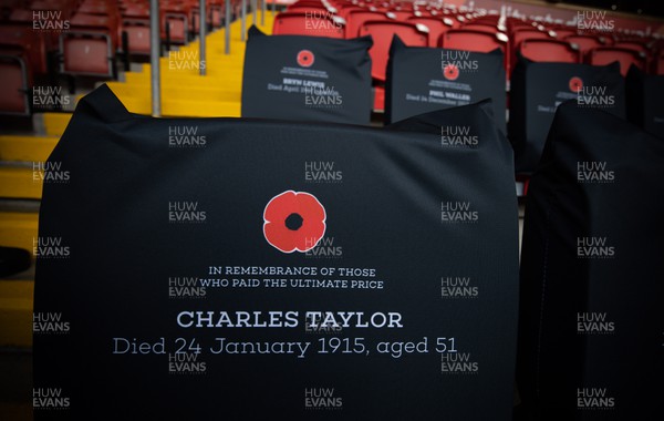 121122 - Wales v Argentina, Autumn Nations Series - A Remembrance seat cover in Remembrance of Charles Taylor in place at the Principality Stadium
