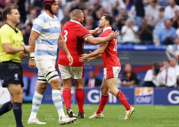141023 - Wales v Argentina - Rugby World Cup Quarter Final - Tomos Williams of Wales celebrates scoring a try with Tomas Francis