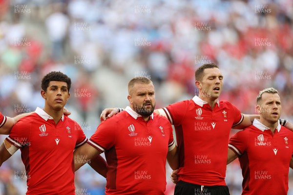 141023 - Wales v Argentina - Rugby World Cup Quarter Final - Rio Dyer, Tomas Francis, George North and Gareth Davies of Wales sing the anthem
