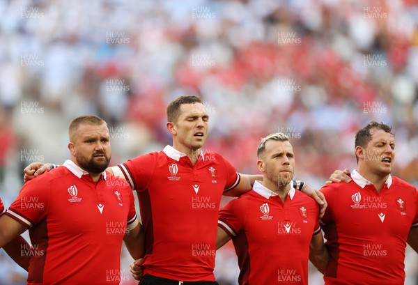 141023 - Wales v Argentina - Rugby World Cup Quarter Final - Tomas Francis, George North, Gareth Davies and Ryan Elias of Wales sing the anthem
