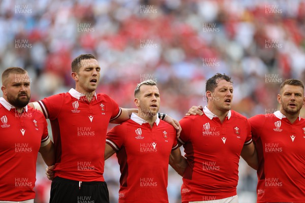 141023 - Wales v Argentina - Rugby World Cup Quarter Final - Tomas Francis, George North, Gareth Davies, Ryan Elias and Dan Biggar of Wales sing the anthem