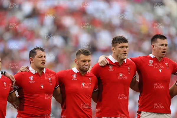 141023 - Wales v Argentina - Rugby World Cup Quarter Final - Ryan Elias, Dan Biggar, Will Rowlands and Adam Beard of Wales sing the anthem