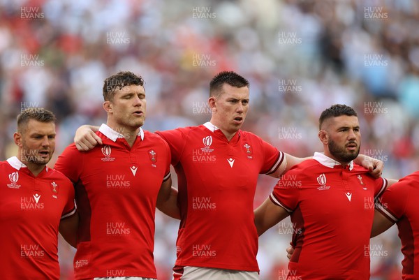 141023 - Wales v Argentina - Rugby World Cup Quarter Final - Dan Biggar, Will Rowlands, Adam Beard and Gareth Thomas sing the anthem