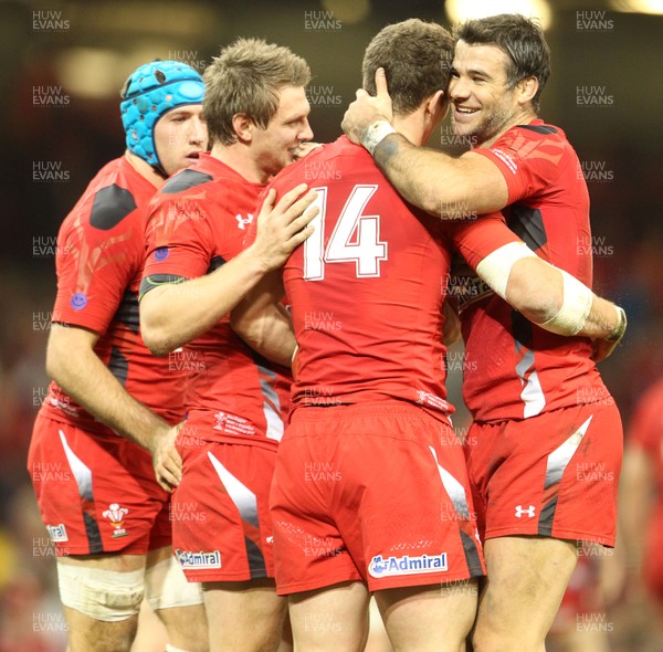 161113 - Wales v Argentina - Dove Men Series - George North celebrates with Dan Biggar and Mike Phillips of Wales