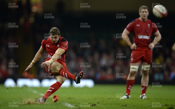 161113 - Wales v Argentina - Dove Men Series 2013 -Leigh Halfpenny of Wales kicks at goal